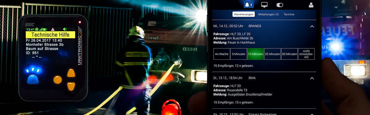 Einsatz-Rückmeldung für Feuerwehrleute mit der AlarmApp und dem digitalen Meldeempfänger UNITRONIC ERIC