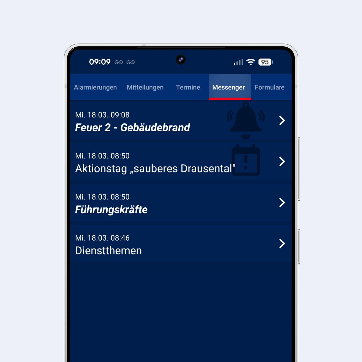 Kanal-Übersicht des Messengers der DIVERA 24/7 App