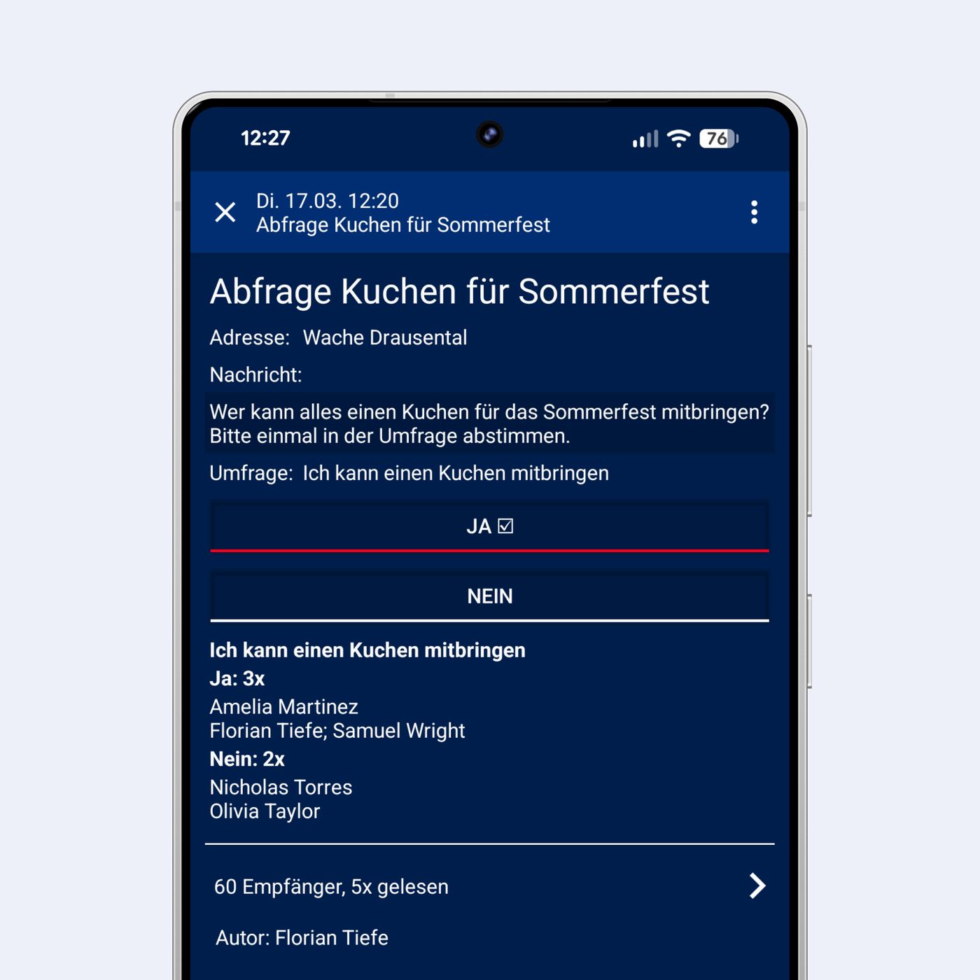 Übersicht der Rückmeldungen einer Umfrage in der DIVERA App